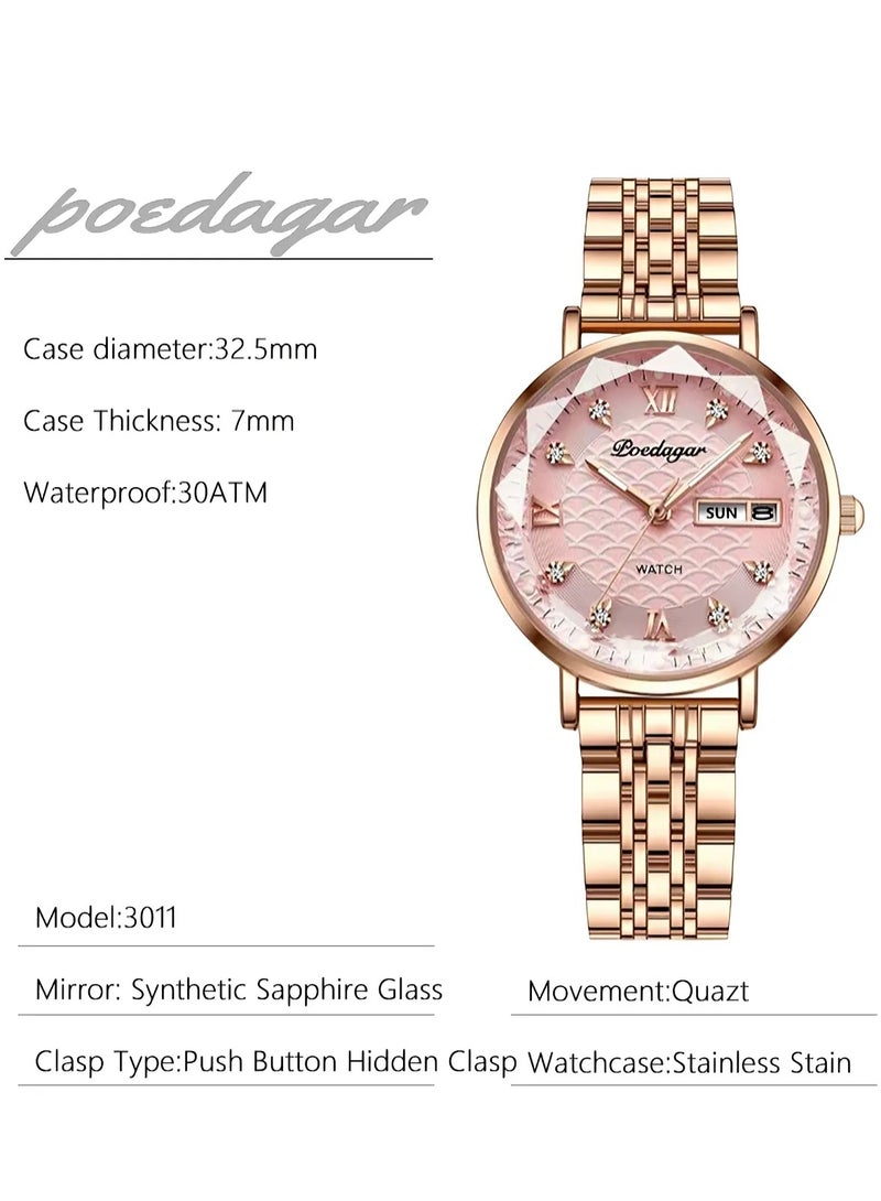 پوداجار ساعة نسائية فاخرة بساعة وردية: ذهب وردي وفولاذ, مقاومة للماء, للحفلات واليوم - هدية مثالية - Image 2