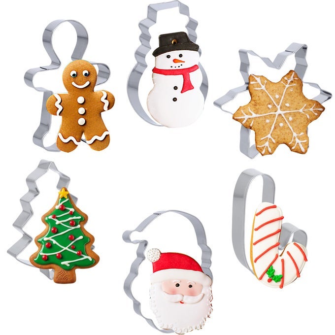 SMALL CHRISTMAS COOKIE CUTTERS SET 6 PCS STAINLESS STEEL METAL HOLIDAY COOKIE CUTTER FOR BAKING CHRISTMAS TREE SNOWFLAKE GINGERBREAD MAN SNOWMAN SANTA HEAD AND CANDY CANE