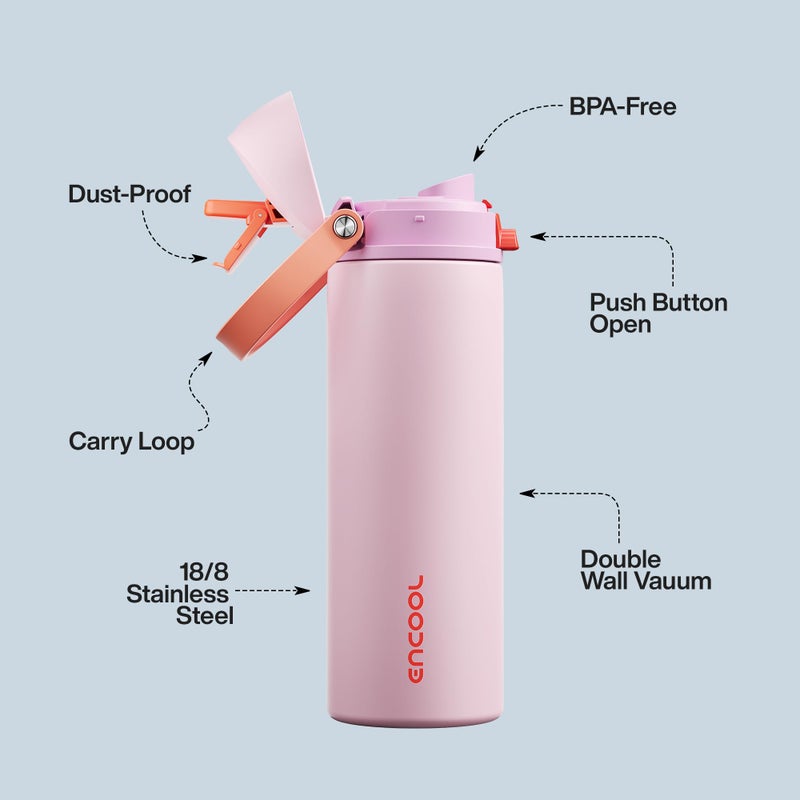 ENCOOL Insulated Water Bottle with Straw - Encool Stainless Steel Water Bottle with Push Button Lid, Leak-Proof & BPA-Free, Keeps Cold for 24 Hours for Sports, Travel, Gym (24 oz, Lily-Red) - Image 4