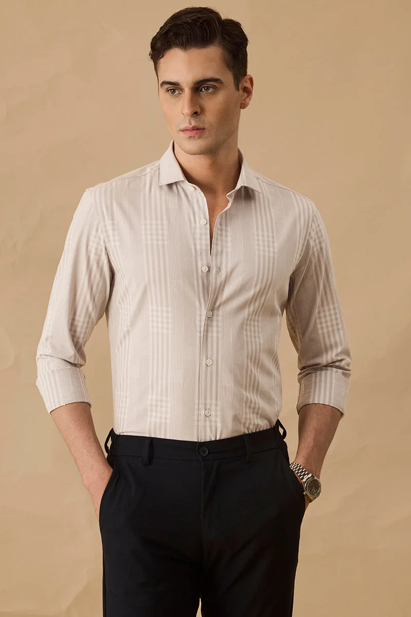 SNITCH Light Grey Checkered Long Sleeve Slim Fit Formal Shirt