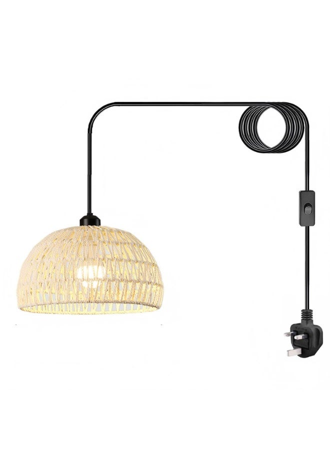 Hanging Pendant Light Dining Room Plug In Ceiling Lights Hemp Rope Beige Wood Lamp - Image 1