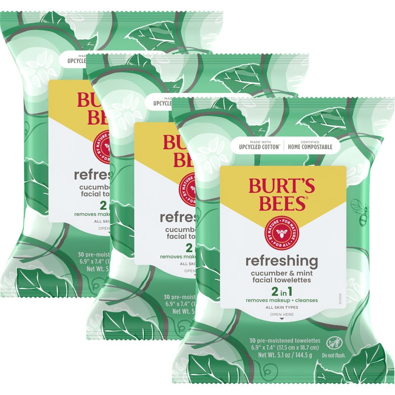 Burt's Bees Stocking Stuffers, Cucumber & Mint Face Wipes, for All Skin Types, Refreshing Makeup Remover & Facial Cleansing Towelettes, Skin Care Christmas Gifts, 30 Ct. (3-Pack) - Image 1
