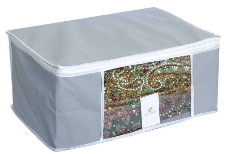 HomeStrap Polypropylene Set Of 4 Foldable Saree Covers/Clothes Storage Bag/Wardrobe Organizer With Transparent Window And Zip For Lehenga, Suit, Dress,& Accessories (Grey), 33 CM, 22 CM - Image 2