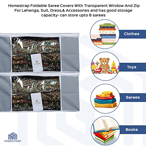 HomeStrap Polypropylene Set Of 4 Foldable Saree Covers/Clothes Storage Bag/Wardrobe Organizer With Transparent Window And Zip For Lehenga, Suit, Dress,& Accessories (Grey), 33 CM, 22 CM - Image 5