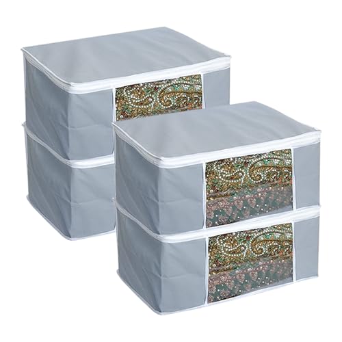 HomeStrap Polypropylene Set Of 4 Foldable Saree Covers/Clothes Storage Bag/Wardrobe Organizer With Transparent Window And Zip For Lehenga, Suit, Dress,& Accessories (Grey), 33 CM, 22 CM - Image 1