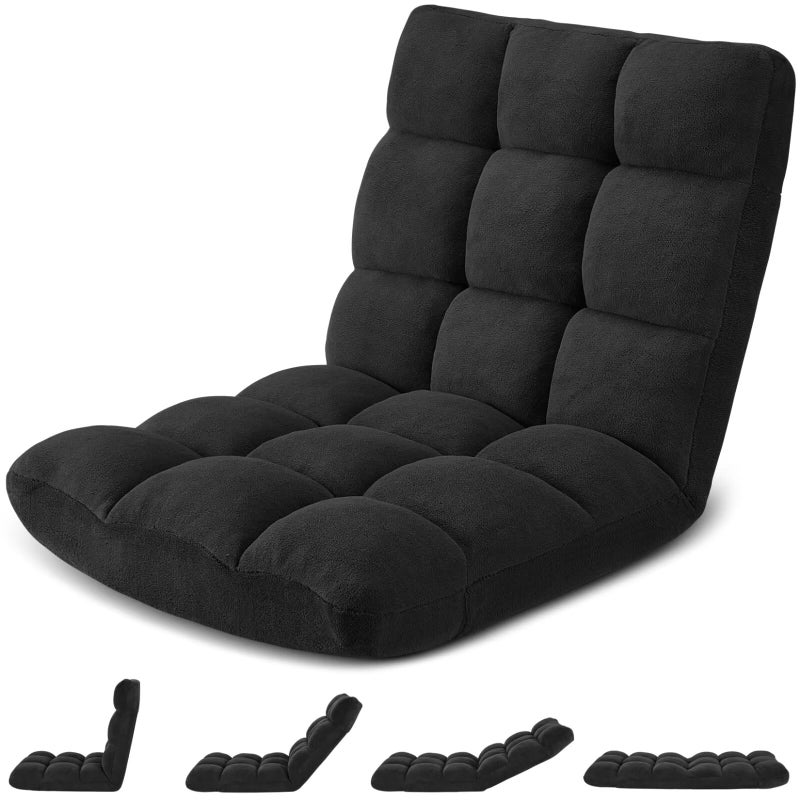Avocahom Folding Floor Gaming Chair, 14-Position Adjustable Backrest, Skin-Friendly Flannel & Aluminum Alloy Frame, Ideal for Reading, Gaming, Sleeping, Black - Image 1