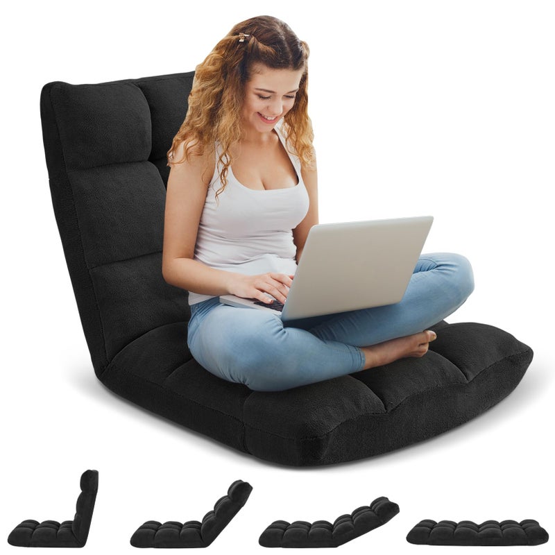 Avocahom Folding Floor Gaming Chair, 14-Position Adjustable Backrest, Skin-Friendly Flannel & Aluminum Alloy Frame, Ideal for Reading, Gaming, Sleeping, Black - Image 2