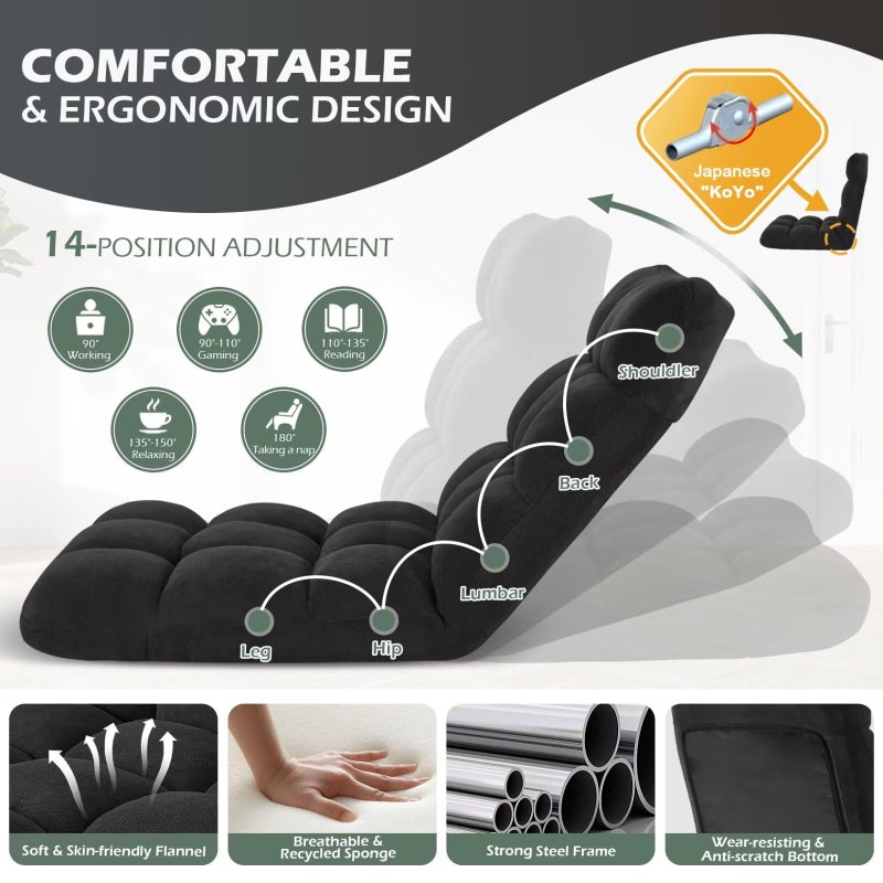 Avocahom Folding Floor Gaming Chair, 14-Position Adjustable Backrest, Skin-Friendly Flannel & Aluminum Alloy Frame, Ideal for Reading, Gaming, Sleeping, Black - Image 4