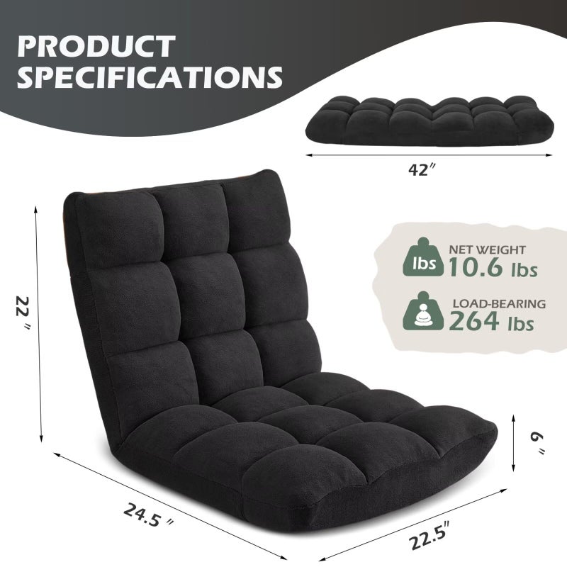 Avocahom Folding Floor Gaming Chair, 14-Position Adjustable Backrest, Skin-Friendly Flannel & Aluminum Alloy Frame, Ideal for Reading, Gaming, Sleeping, Black - Image 3