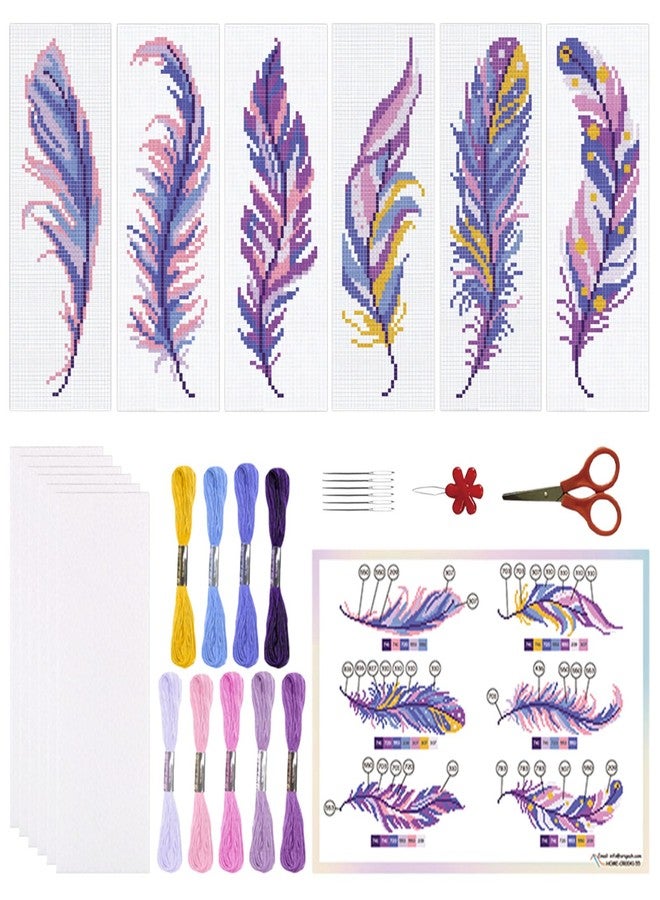ORIGACH 6 Set Feather Cross Stitch Bookmark Kit for Beginner with Backing Felt Floss Instructions DIY Stamped Embroidery Bookmark Kit for Adults, Book Lovers - Image 1