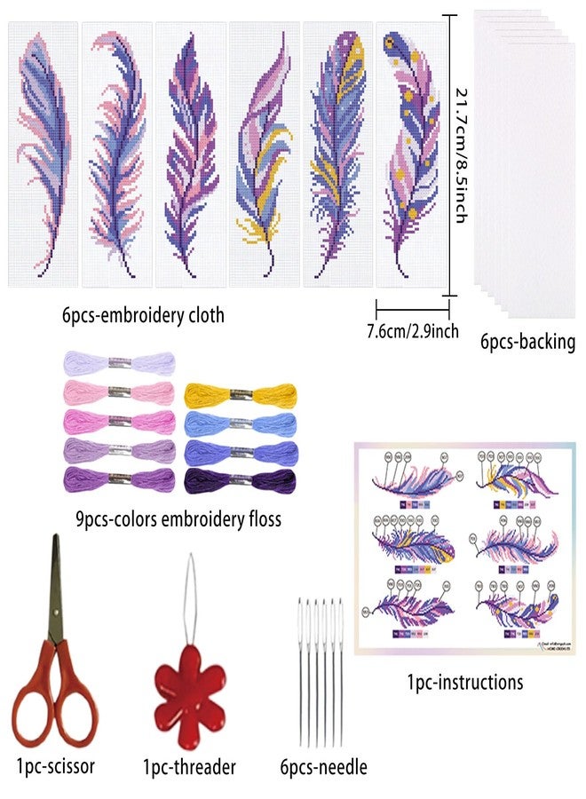 ORIGACH 6 Set Feather Cross Stitch Bookmark Kit for Beginner with Backing Felt Floss Instructions DIY Stamped Embroidery Bookmark Kit for Adults, Book Lovers - Image 2