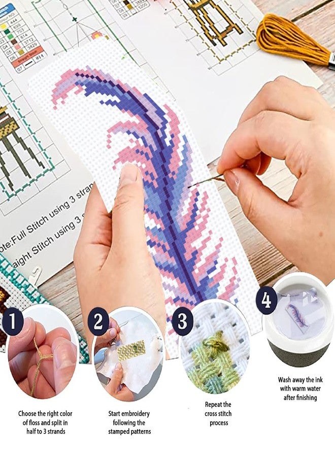 ORIGACH 6 Set Feather Cross Stitch Bookmark Kit for Beginner with Backing Felt Floss Instructions DIY Stamped Embroidery Bookmark Kit for Adults, Book Lovers - Image 4