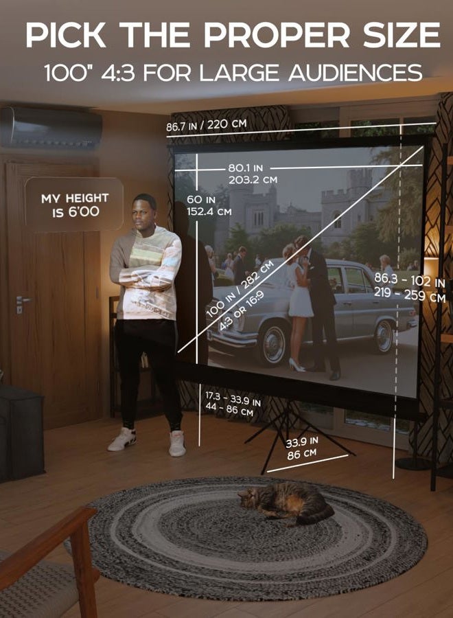 PropVue 100 Inch Projection Screen on Feet - Indoor and Outdoor Projector Screen for Movies or Presentations - Adjustable from 4:3 to 16:9 HD Premium Tripod Screen without Crease with Bag, Matte - Image 3