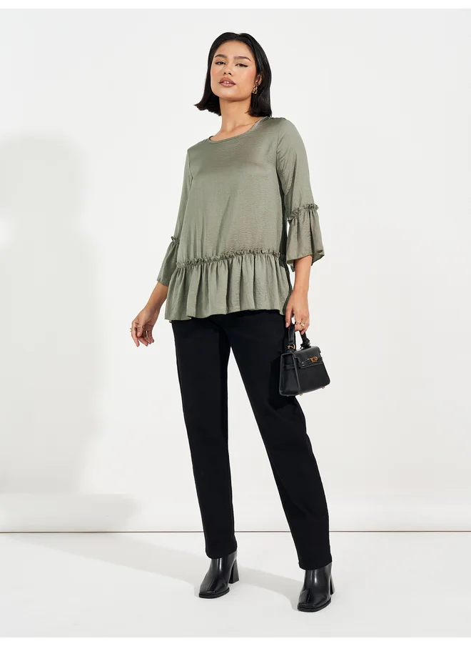 Aria Romance ARIA ROMANCE Solid Ruffled Top with Bell Sleeves