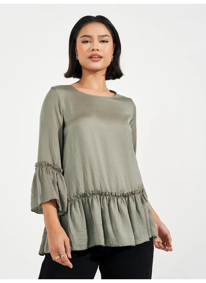 Aria Romance ARIA ROMANCE Solid Ruffled Top with Bell Sleeves