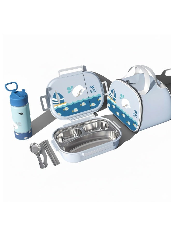 S2C LittleZen Kids Bento Lunch Box (Blue) – Leak-Proof Stainless Steel Lunch Box with Multiple Compartments and Spoon | Microwavable BPA-Free Tray, Anti-Slip Base, and Matching Water Bottle Combo (Blue) - Image 1