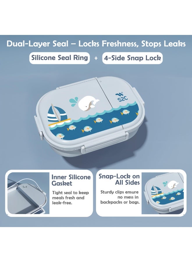 S2C LittleZen Kids Bento Lunch Box (Blue) – Leak-Proof Stainless Steel Lunch Box with Multiple Compartments and Spoon | Microwavable BPA-Free Tray, Anti-Slip Base, and Matching Water Bottle Combo (Blue) - Image 3