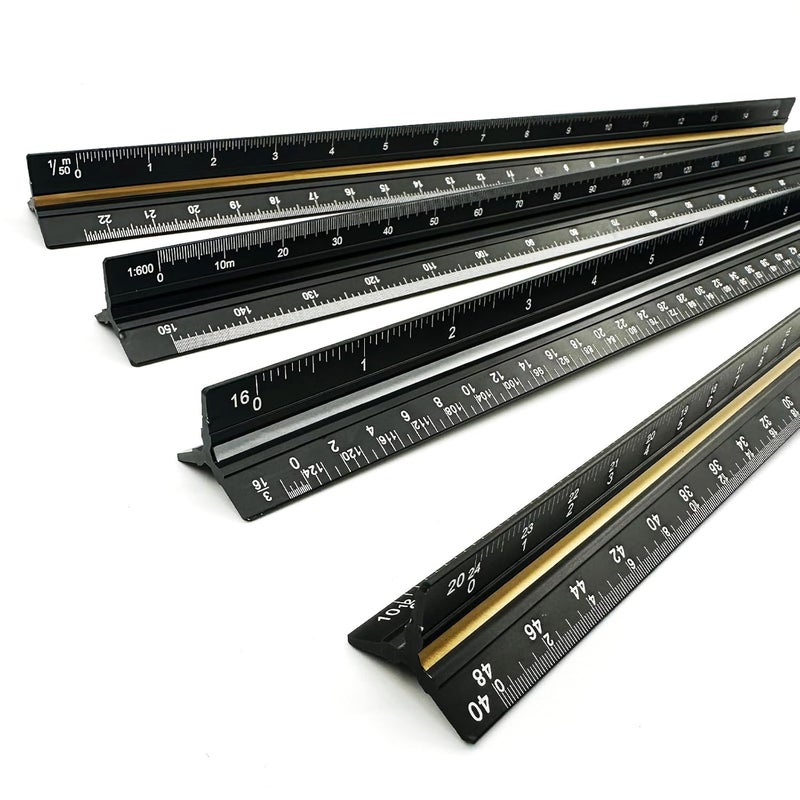 Oonkaf Architectural Scale Ruler, Aluminum Triangular Architect Scale Ruler Set 4pcs, 3-Colors-Groove Architectural and Engineer Scale Metal Ruler Set, Scale Metal Drafting Ruler for Civil Engineer Blueprint - Image 1