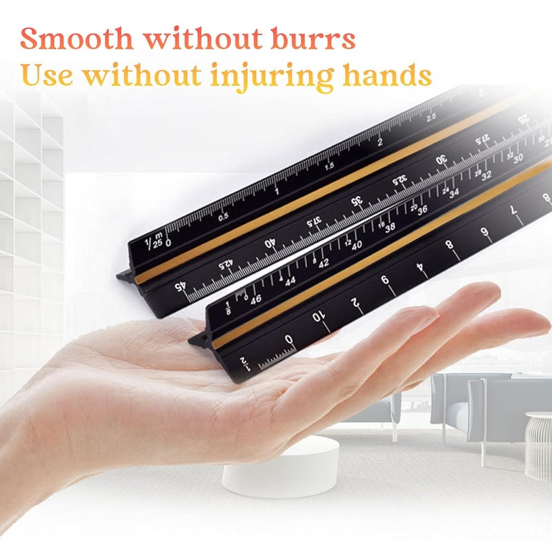 Oonkaf Architectural Scale Ruler, Aluminum Triangular Architect Scale Ruler Set 4pcs, 3-Colors-Groove Architectural and Engineer Scale Metal Ruler Set, Scale Metal Drafting Ruler for Civil Engineer Blueprint - Image 2