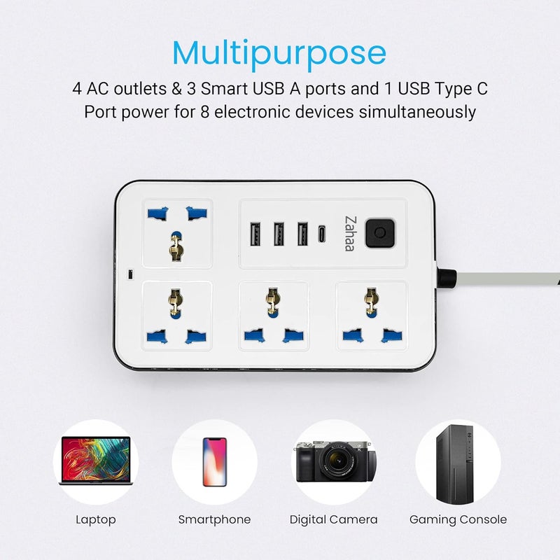 Universal Extension Cord with 4 Power Socket and 3 USB Slots 3 meter, 4 Way Power Strip with USB type C PD Charging slot, Extension Lead - White 3 meter (4S-3U-1PD) - Image 4