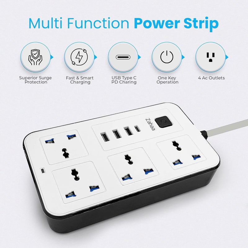 Universal Extension Cord with 4 Power Socket and 3 USB Slots 3 meter, 4 Way Power Strip with USB type C PD Charging slot, Extension Lead - White 3 meter (4S-3U-1PD) - Image 5