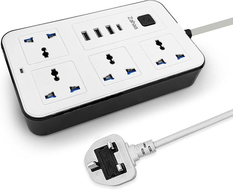 Universal Extension Cord with 4 Power Socket and 3 USB Slots 3 meter, 4 Way Power Strip with USB type C PD Charging slot, Extension Lead - White 3 meter (4S-3U-1PD) - Image 1
