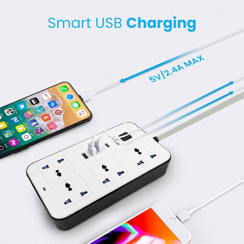 Universal Extension Cord with 4 Power Socket and 3 USB Slots 3 meter, 4 Way Power Strip with USB type C PD Charging slot, Extension Lead - White 3 meter (4S-3U-1PD) - Image 2