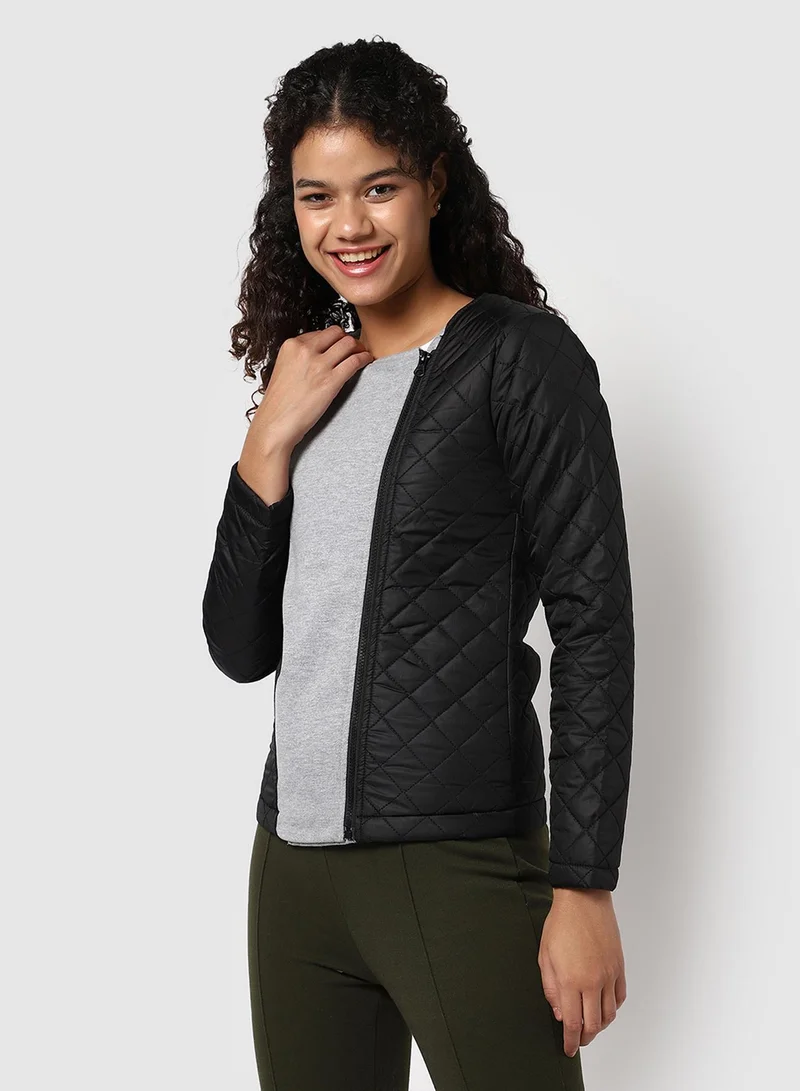 Campus Sutra Women's Black & Grey Contrast Quilted Biker Jacket For Casual Wear | Round Neck | Long Sleeve | Zipper Closure | Polyester Jacket Crafted With Comfort Fit For Everyday Wear