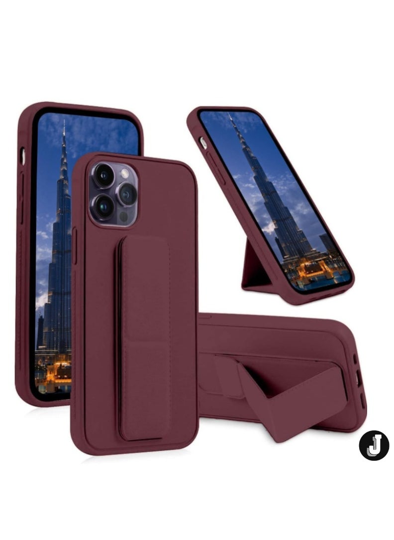 JAJEEK iPhone 16 Pro Maroon Magnetic Car Mount Kickstand Case – Premium Silicone with Vertical & Horizontal Hand Strap and Multi-Stand Functionality - Image 1