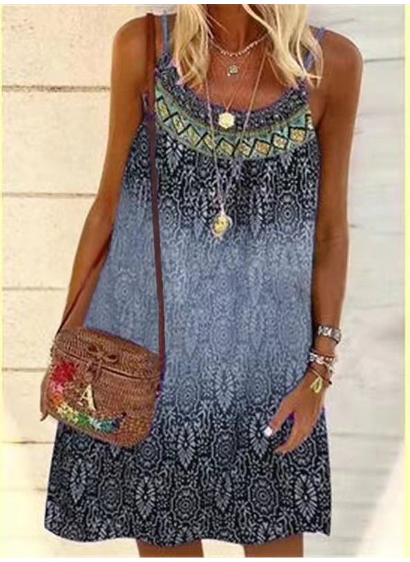 Generic - 2022 Summer Best-selling Loose-fitting Chiffon Dress Printing European American Style Sleeveless Fashion Dress Royal Blue - Image 1