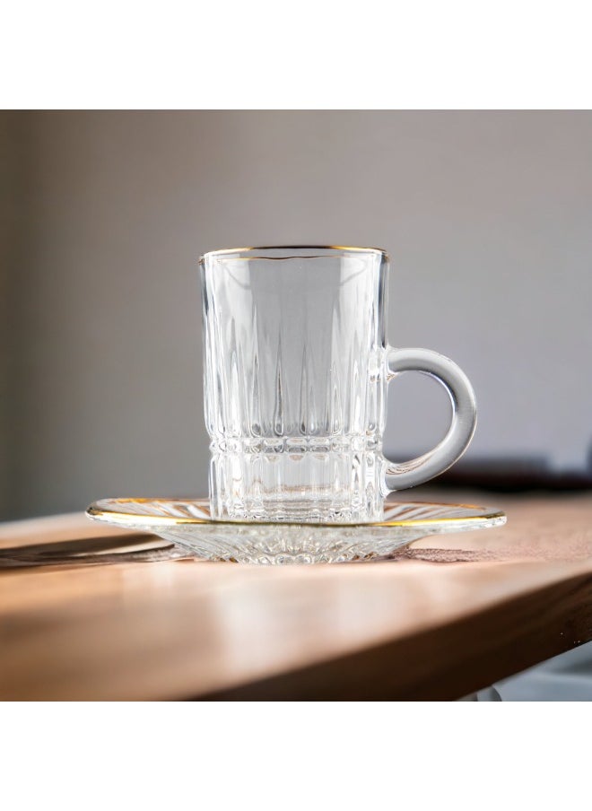 Soleter Tea and Coffee Glass Cups and Saucers British Tea Cups Set of 6pcs Glass TRANSPARENT 6Pcs 4oz Tea Cups + 6Pcs Saucers With Gold Rim On Top.  - Image 2