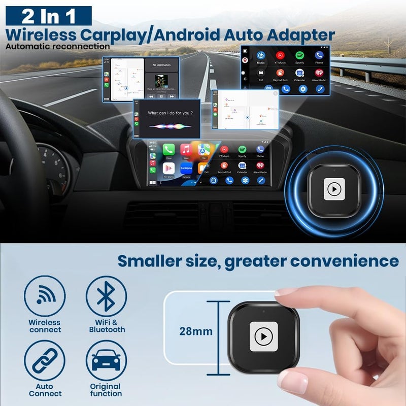 Pyniro Mini 2-in-1 Wireless CarPlay & Android Auto Adapter for iOS 10+ & Android 11+, Plug & Play Dongle for USB/Type-C Port Converts Wired to Wireless, Fast Auto-Connect/Low Latency/Compact Design - Image 2