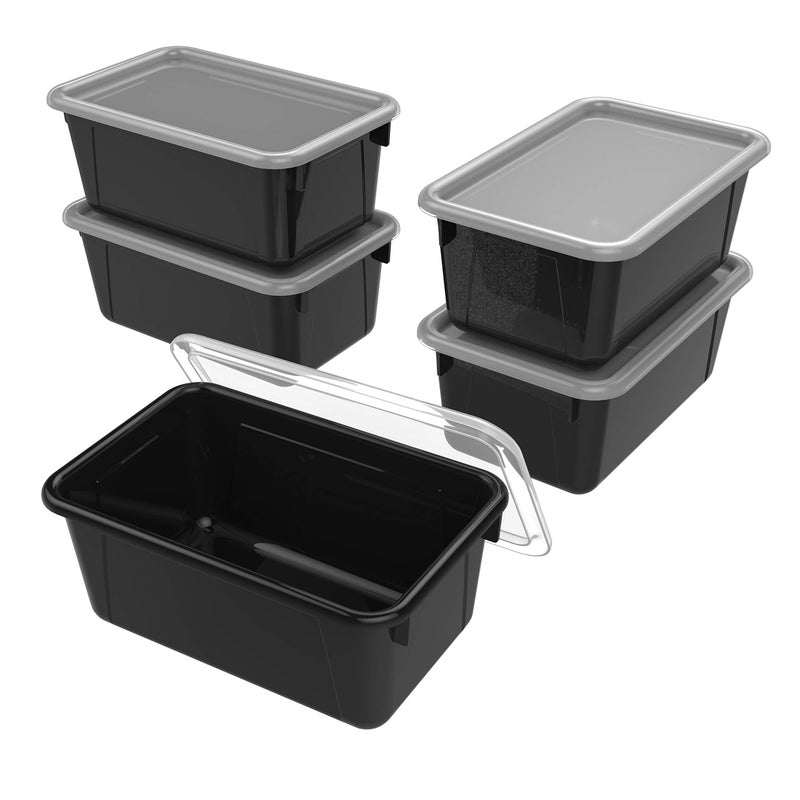 Storex Small Cubby Bins – Plastic Storage Containers for Classroom with Non-Snap Lid, 12.2 x 7.8 x 5.1 inches, Black, 5-Pack (62463U05C) - Image 1