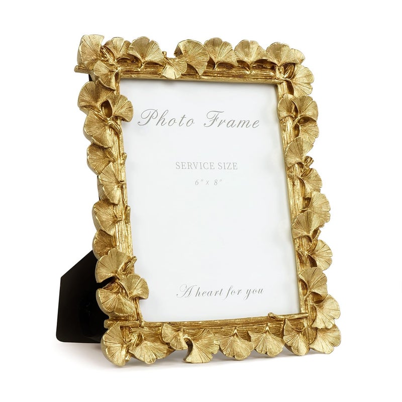 Cuspin 6x8 Picture Frame Vintage Ornate Gold Resin Frame with Glass Front Ginkgo Leaf Textured Tabletop Display Wall Hanging Retro Home Decor - Image 2