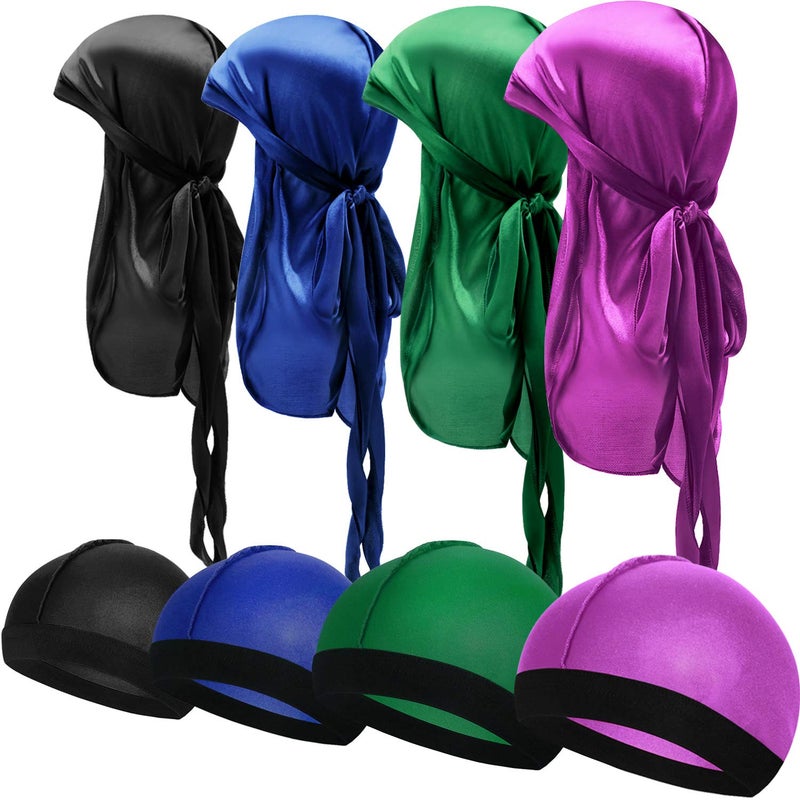 Satinior 8 Pack Silky Durags for Men 4 Wave Cap 4 Long Tail Do Rags 360 Waves Elastic Headwraps for Men Women - Image 1