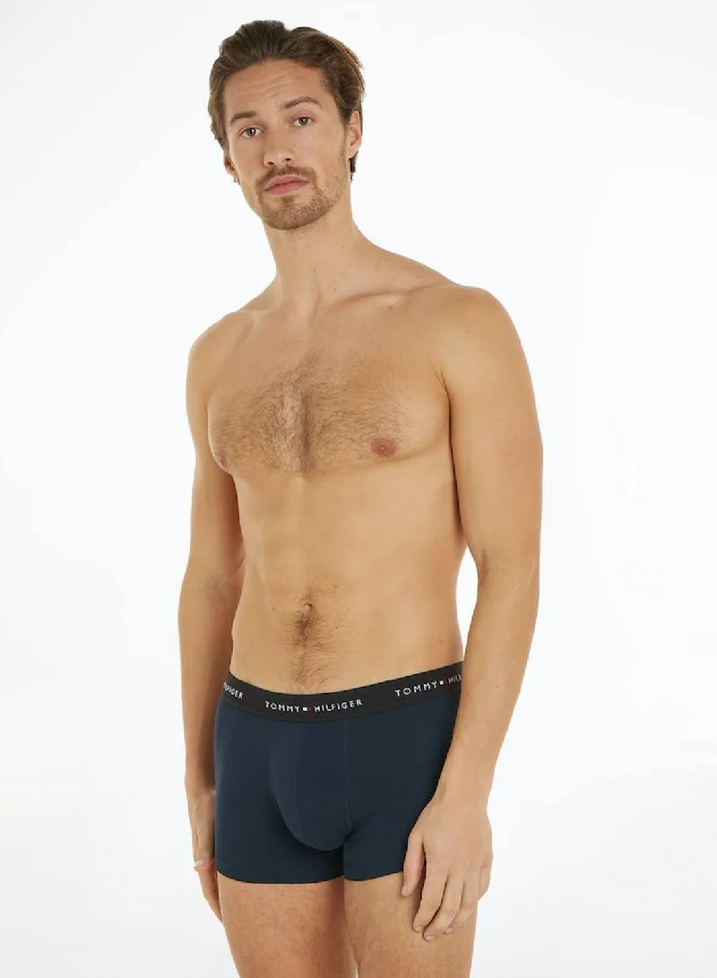 TOMMY HILFIGER Men's 3 Pack Trunks with Logo Waistline - Cotton, Navy