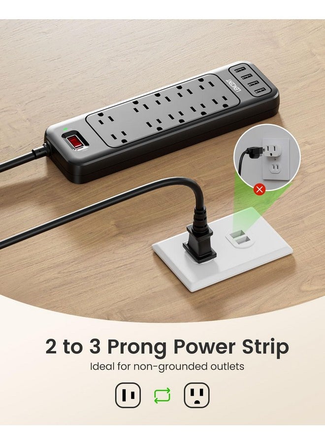 Lencent LENCENT 2 Prong Power Strip, Polarized 3 Prong to 2 Prong Outlet Adapter, 1700J Surge Protector, 6ft Extension Cord, 10 AC Outlets & 4 USB(5V 3.4A Max), Wall Mountable, Ideal for Non-Grounded Outlets  - Image 1