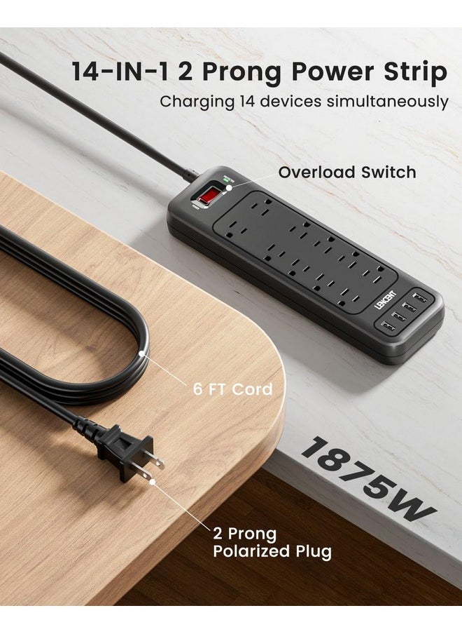 Lencent LENCENT 2 Prong Power Strip, Polarized 3 Prong to 2 Prong Outlet Adapter, 1700J Surge Protector, 6ft Extension Cord, 10 AC Outlets & 4 USB(5V 3.4A Max), Wall Mountable, Ideal for Non-Grounded Outlets  - Image 2
