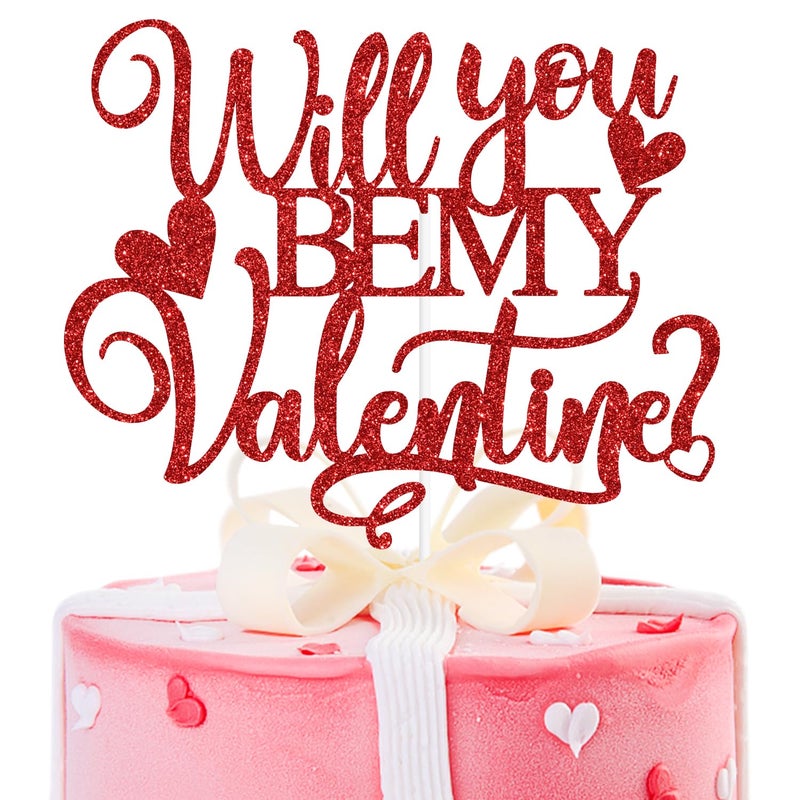 PYBHILK Red Glitter Will You Be My Valentine Cake Topper, Be Mine/Happy Valentine's Day/Te Amo, Valentine's Day Wedding Anniversary Party Decorations Supplies - Image 1