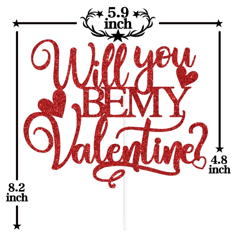 PYBHILK Red Glitter Will You Be My Valentine Cake Topper, Be Mine/Happy Valentine's Day/Te Amo, Valentine's Day Wedding Anniversary Party Decorations Supplies - Image 2