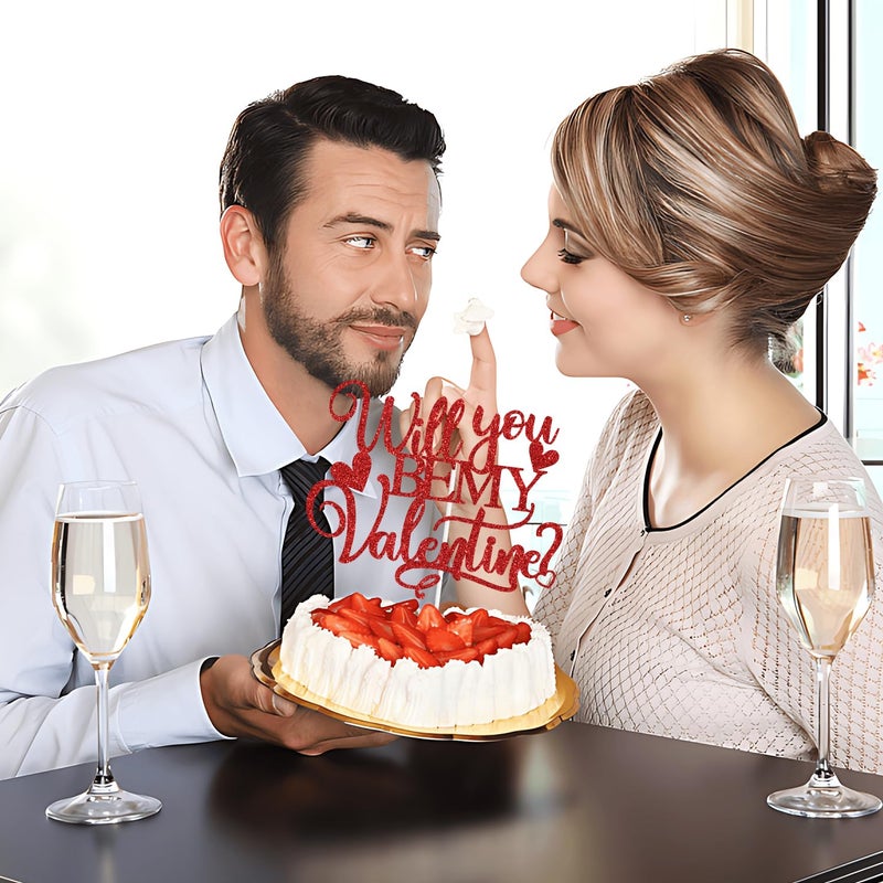 PYBHILK Red Glitter Will You Be My Valentine Cake Topper, Be Mine/Happy Valentine's Day/Te Amo, Valentine's Day Wedding Anniversary Party Decorations Supplies - Image 3