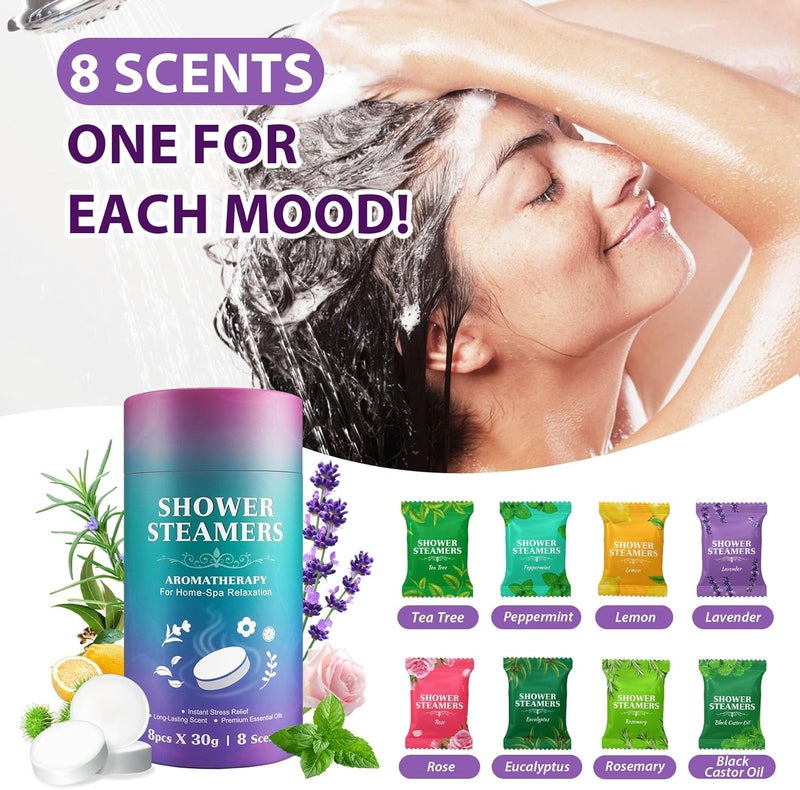 Shower Steamers Aromatherapy for Women and Men 8 Pack, 8 Scents Shower Bombs with Natural Essential Oils for Home Spa Self Care, Stress Relief and Relaxation, Nasal Relief, Birthday Gifts - Image 2