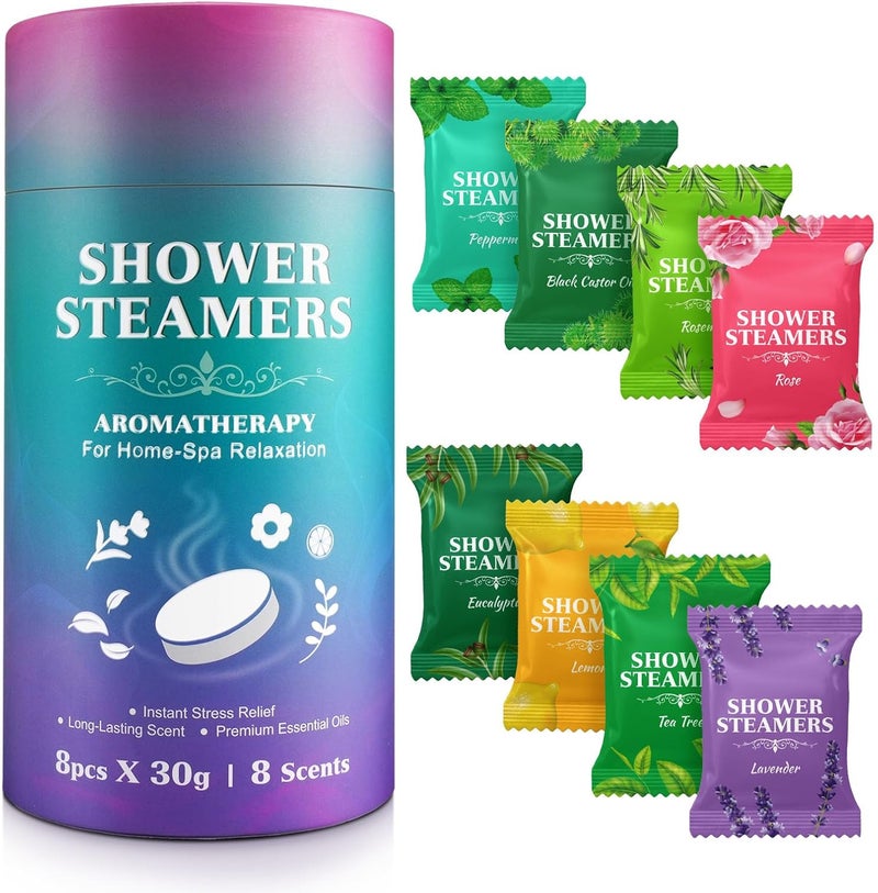 Shower Steamers Aromatherapy for Women and Men 8 Pack, 8 Scents Shower Bombs with Natural Essential Oils for Home Spa Self Care, Stress Relief and Relaxation, Nasal Relief, Birthday Gifts - Image 1
