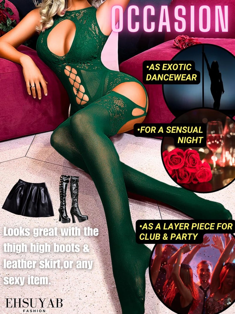 EHSUYAB Women Body Stockings Sexy, Exotic Dancer Fishnets Lingerie Glow Party, Fishnet Bodysuit Rave Outfits Club Plus Size Dark Green - Image 4