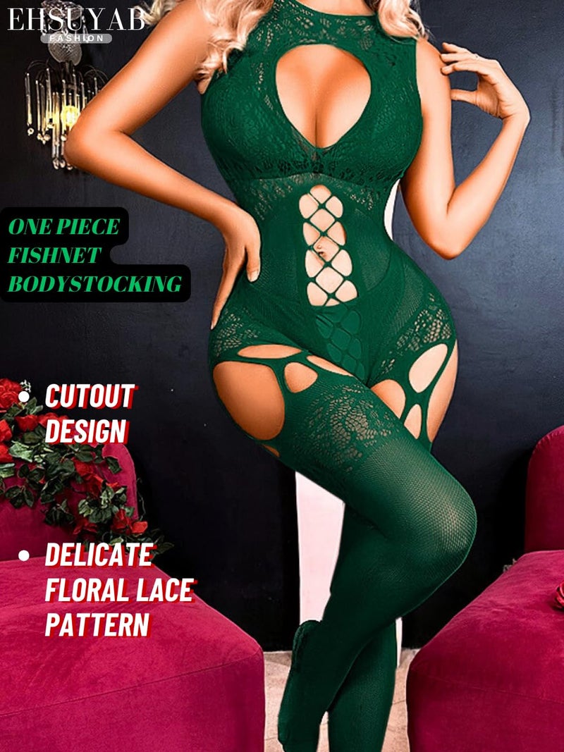 EHSUYAB Women Body Stockings Sexy, Exotic Dancer Fishnets Lingerie Glow Party, Fishnet Bodysuit Rave Outfits Club Plus Size Dark Green - Image 2