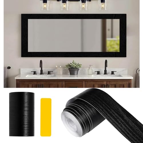 Alened 10M Black Wood Grain Mirror Frame Border Peel and Stick Wallpaper, Removable PVC Waterproof Bathroom Mirror Tape Sticker Trim, Kitchen Wallpaper Self Adhesive Decor Sticker 3.93" x 393" - Image 1