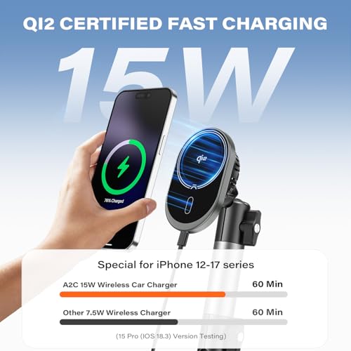 A2C for Magsafe Car Mount Charger, QI2 15W Wireless Fast Charging Cup Holder Phone Charger - Dual Cooling System, Aluminum Alloy Tri-Pivot Arm, 18 N54 Strong Magnets for iPhone 17/16/15/14/13/12 Only - Image 3