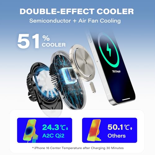 A2C for Magsafe Car Mount Charger, QI2 15W Wireless Fast Charging Cup Holder Phone Charger - Dual Cooling System, Aluminum Alloy Tri-Pivot Arm, 18 N54 Strong Magnets for iPhone 17/16/15/14/13/12 Only - Image 2