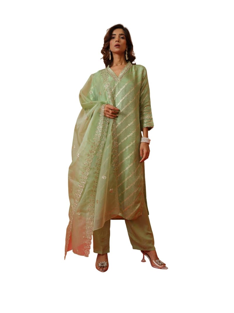Kaari Women's Embroidered Kurti Set with Dupatta | Ethnic Suits with Embellished Dupatta | Everyday and Festive Kurti Set for Women|Green|2XL - Image 5