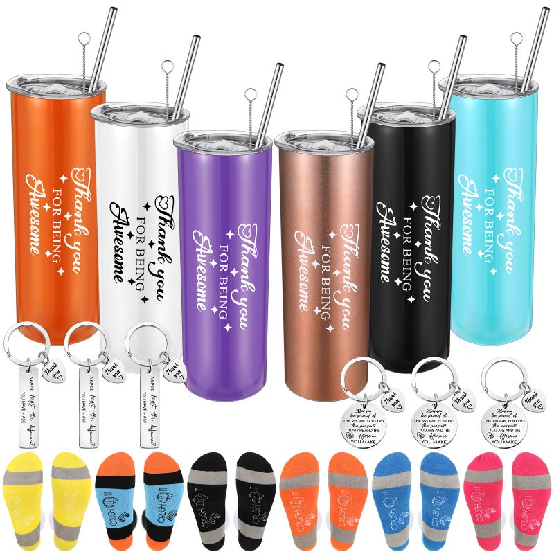 Mifoci 6 Sets Employee Appreciation Gifts Bulk Thank You for Being Awesome Gift 20 oz Tumbler with Lid Straw Inspirational Keychains Socks Thank You Gifts for Christmas Coworkers Teachers Nurses